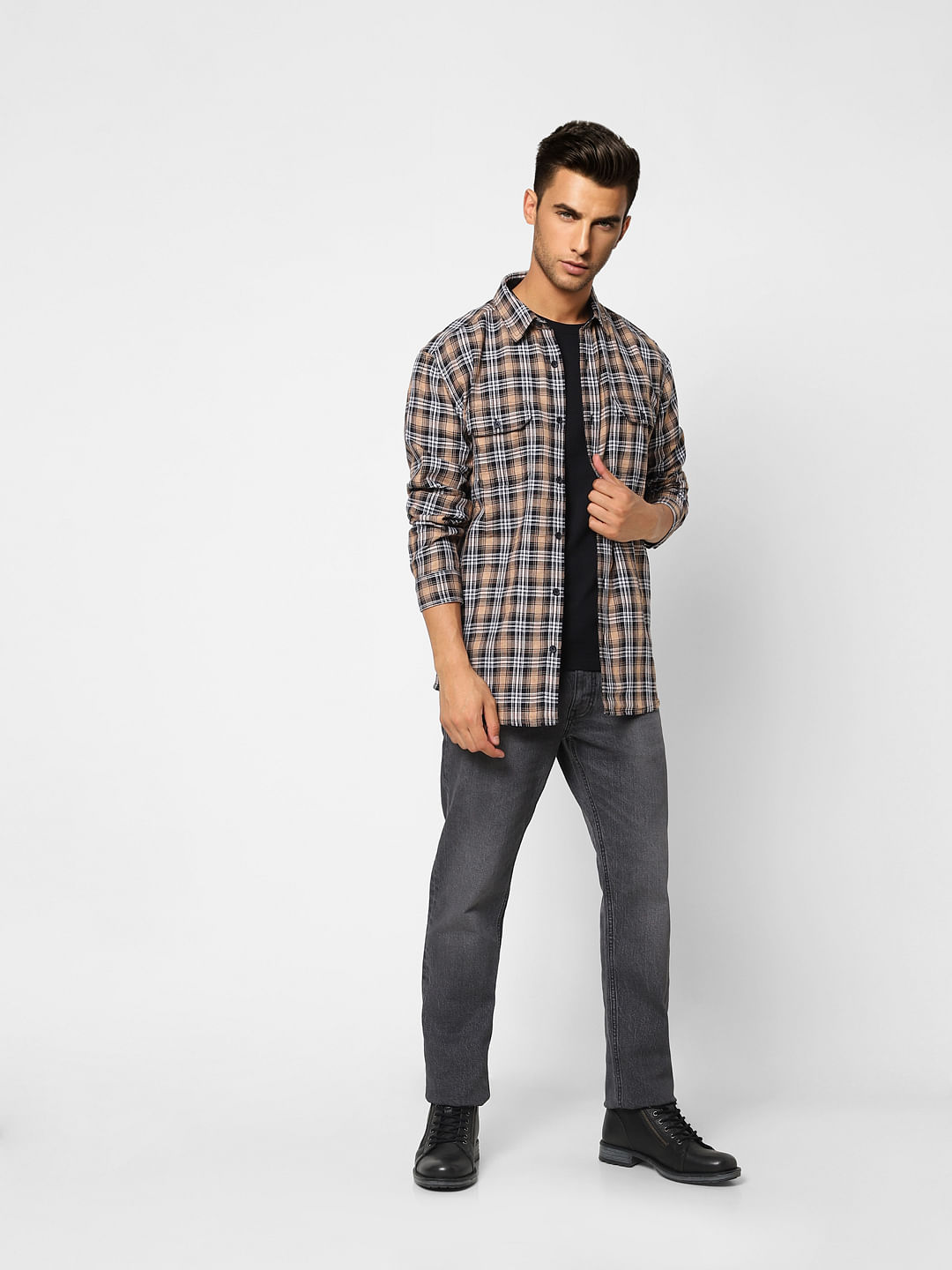 Beige Check Full Sleeves Shirt - S