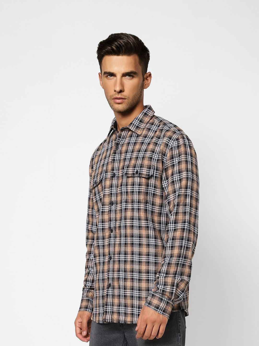 Beige Check Full Sleeves Shirt