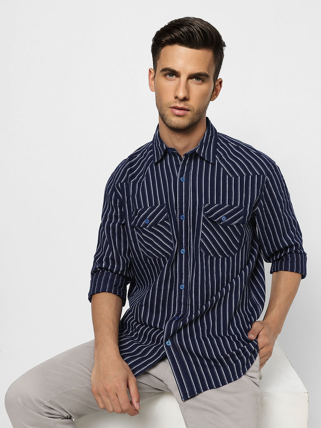 Navy Blue Striped Full Sleeves Shirt - S