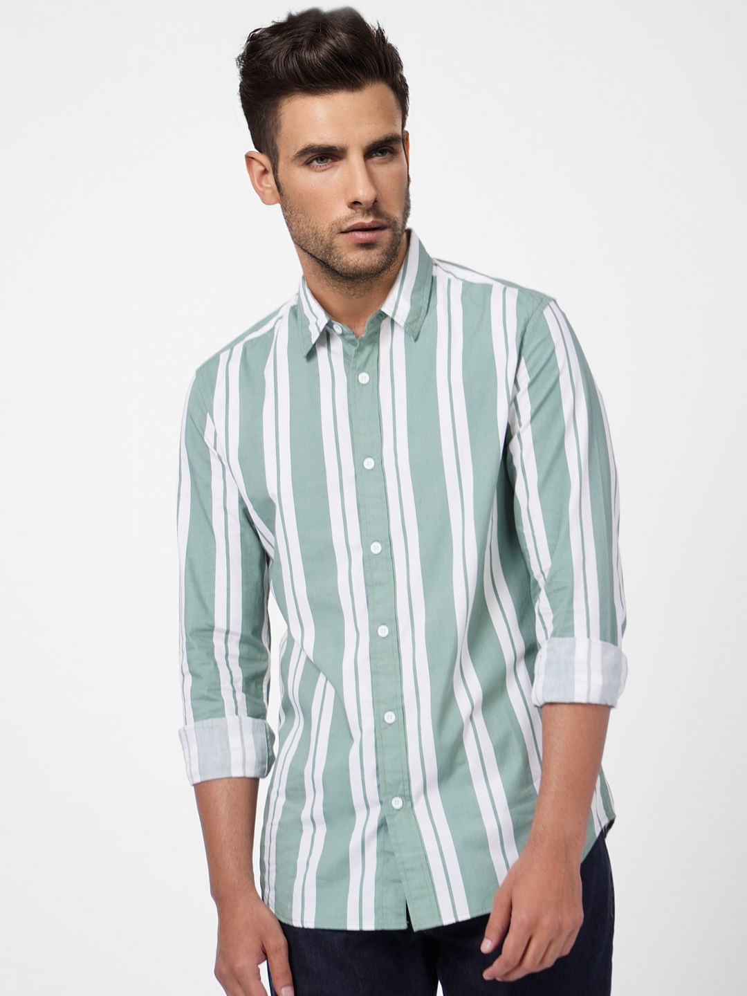 Green Striped Full Sleeves Shirt