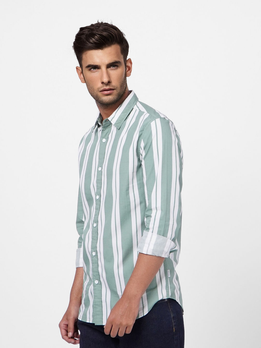 Green Striped Full Sleeves Shirt