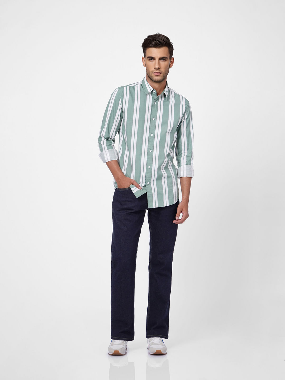 Green Striped Full Sleeves Shirt