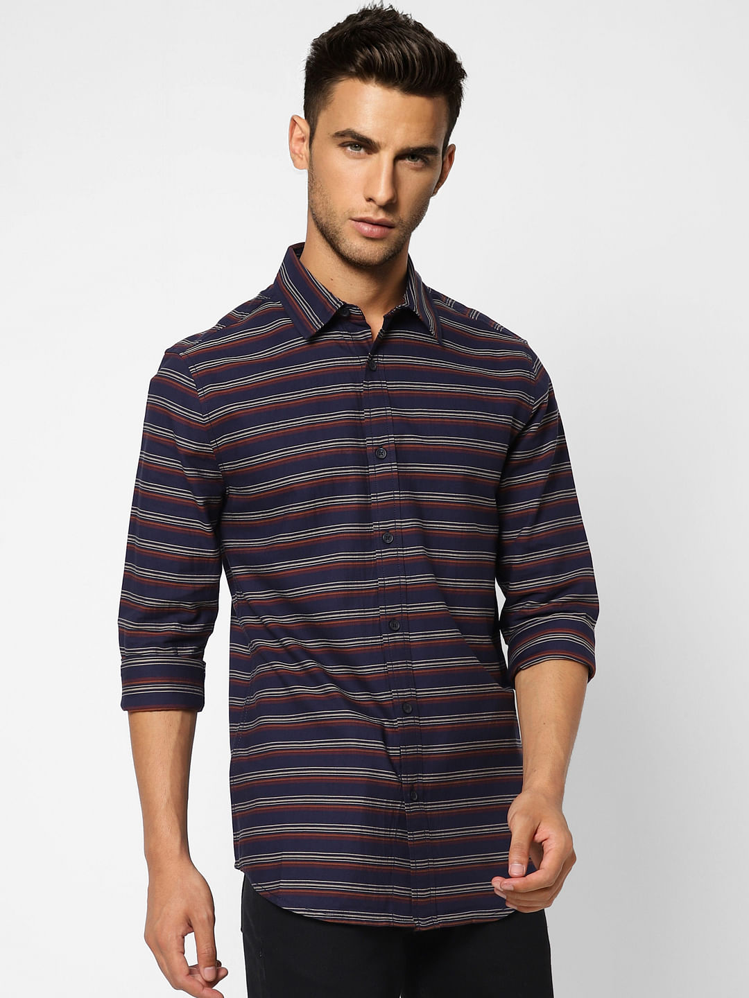 Navy Blue Striped Full Sleeves Shirt