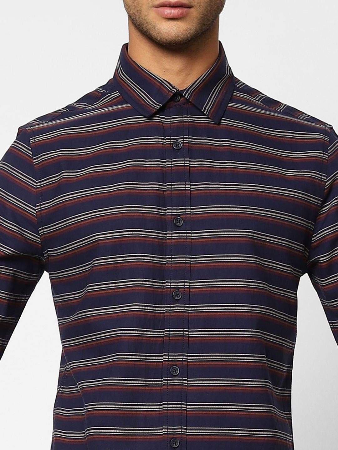 Navy Blue Striped Full Sleeves Shirt