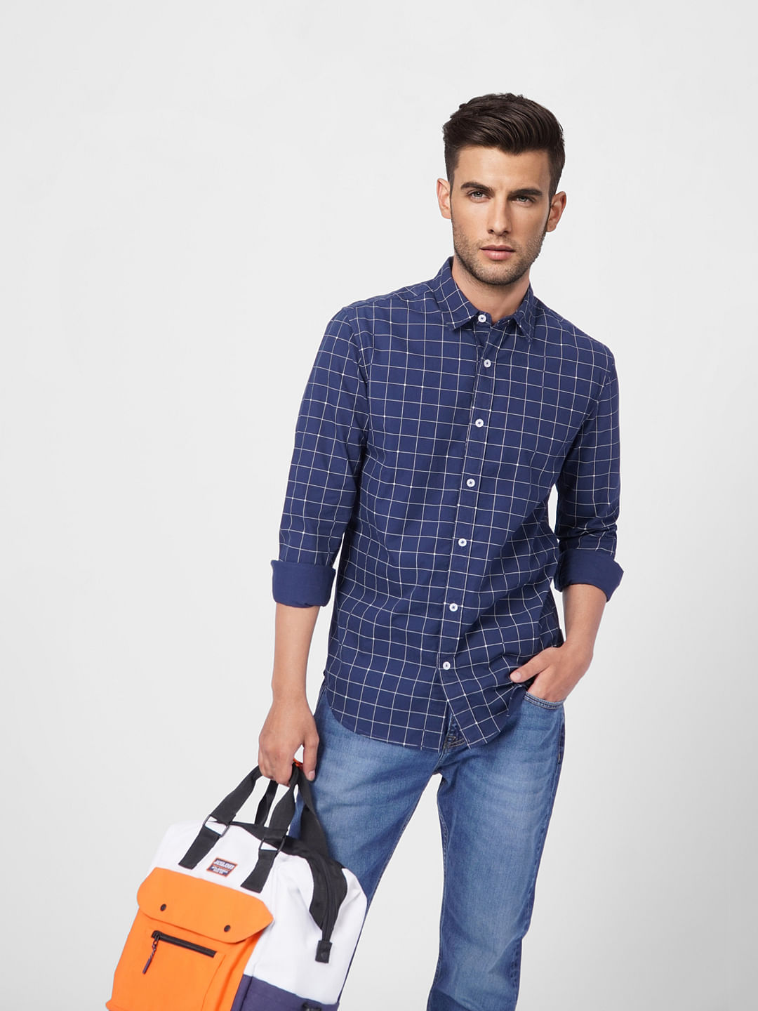 Blue Check Print Full Sleeves Shirt - S