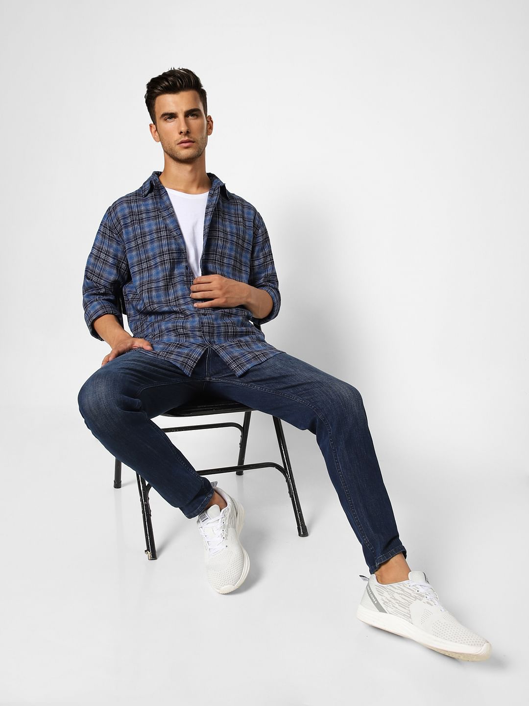 Dark Blue Check Print Full Sleeves Shirt - S