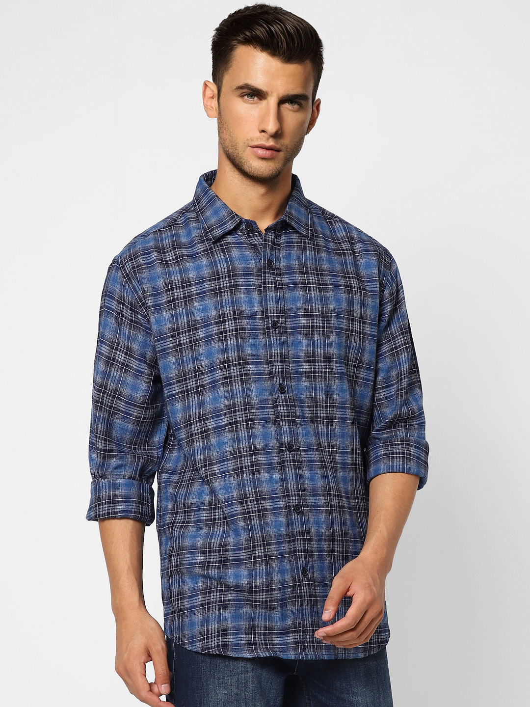 Dark Blue Check Print Full Sleeves Shirt