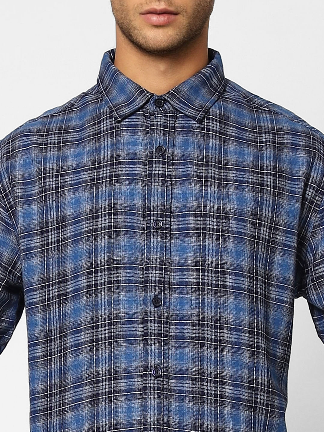 Dark Blue Check Print Full Sleeves Shirt
