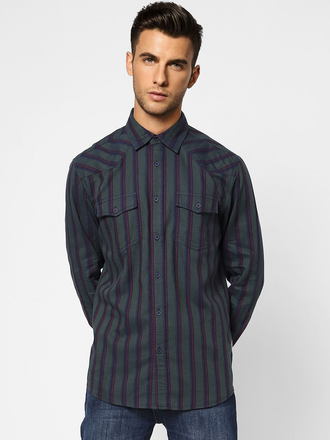 Dark Green Striped Full Sleeves Shirt