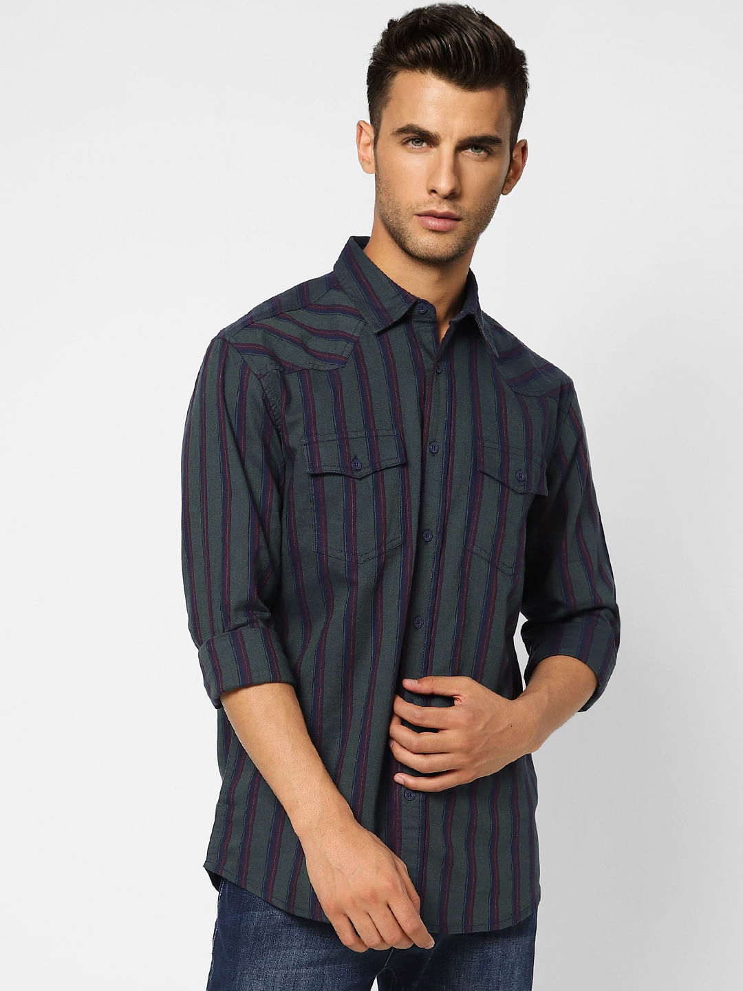 Dark Green Striped Full Sleeves Shirt
