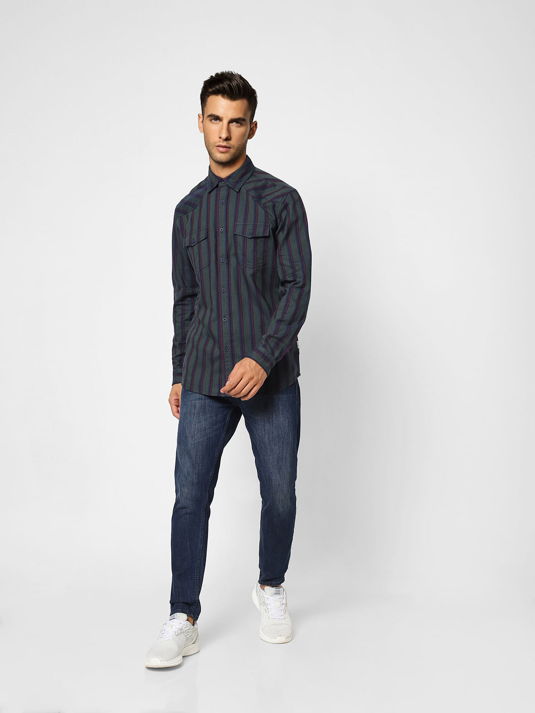Dark Green Striped Full Sleeves Shirt
