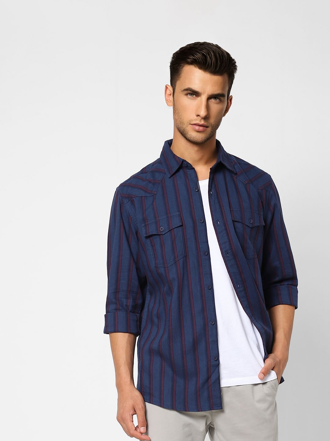 Navy Blue Striped Full Sleeves Shirt - S