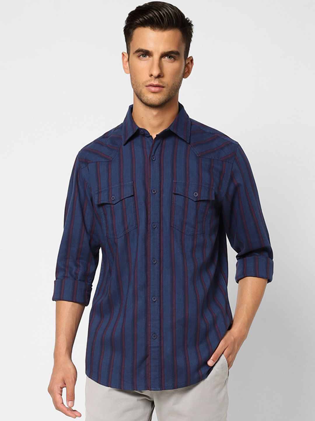 Navy Blue Striped Full Sleeves Shirt