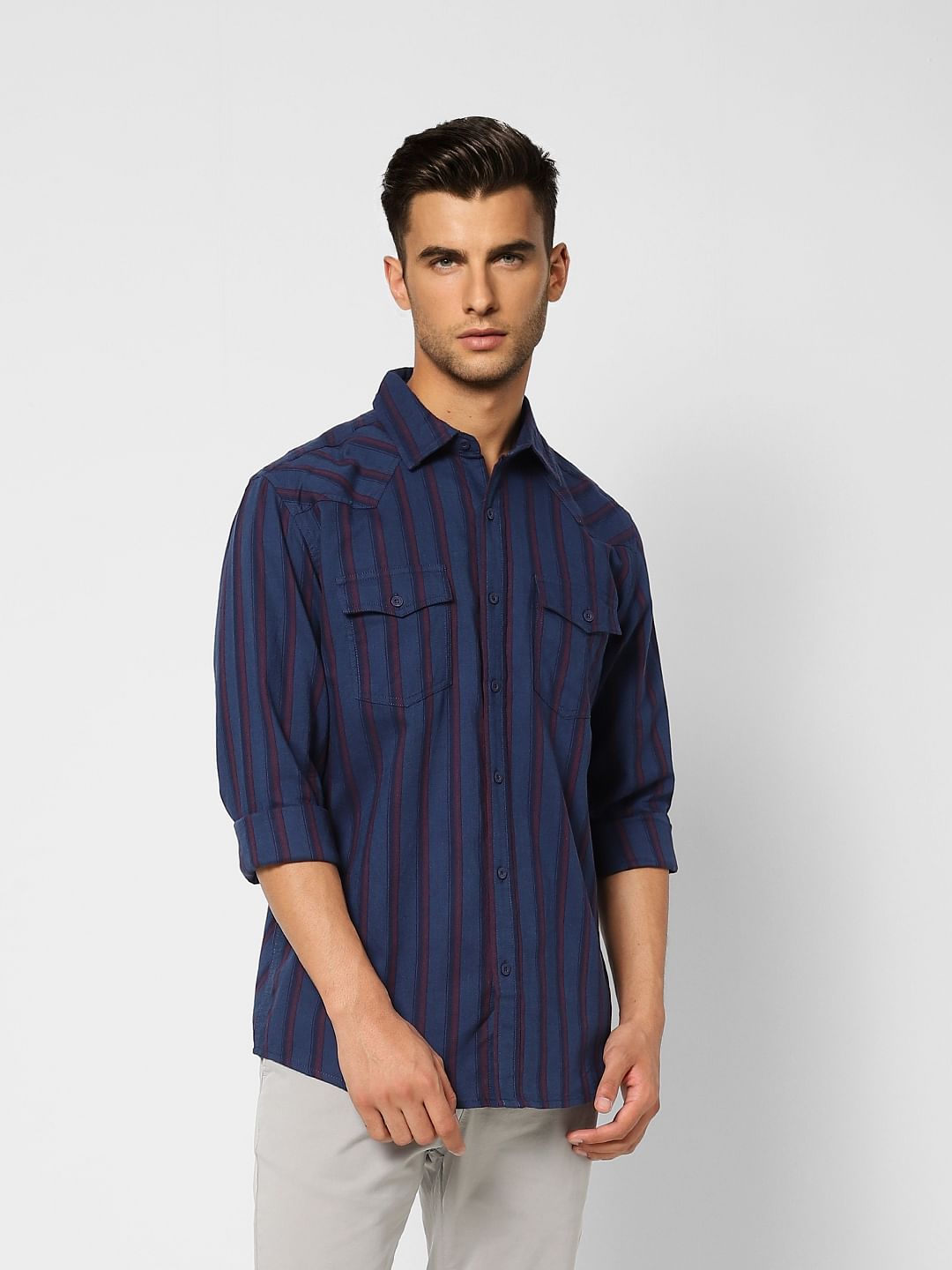Navy Blue Striped Full Sleeves Shirt