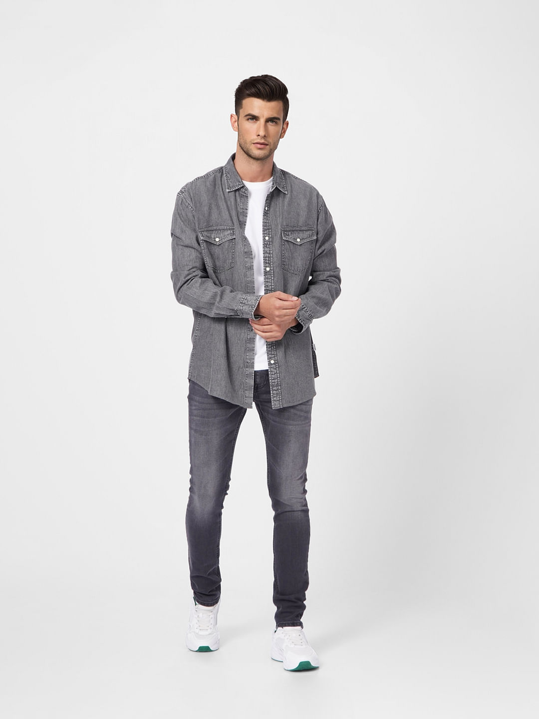 Black Washed Denim Full Sleeves Shirt - S
