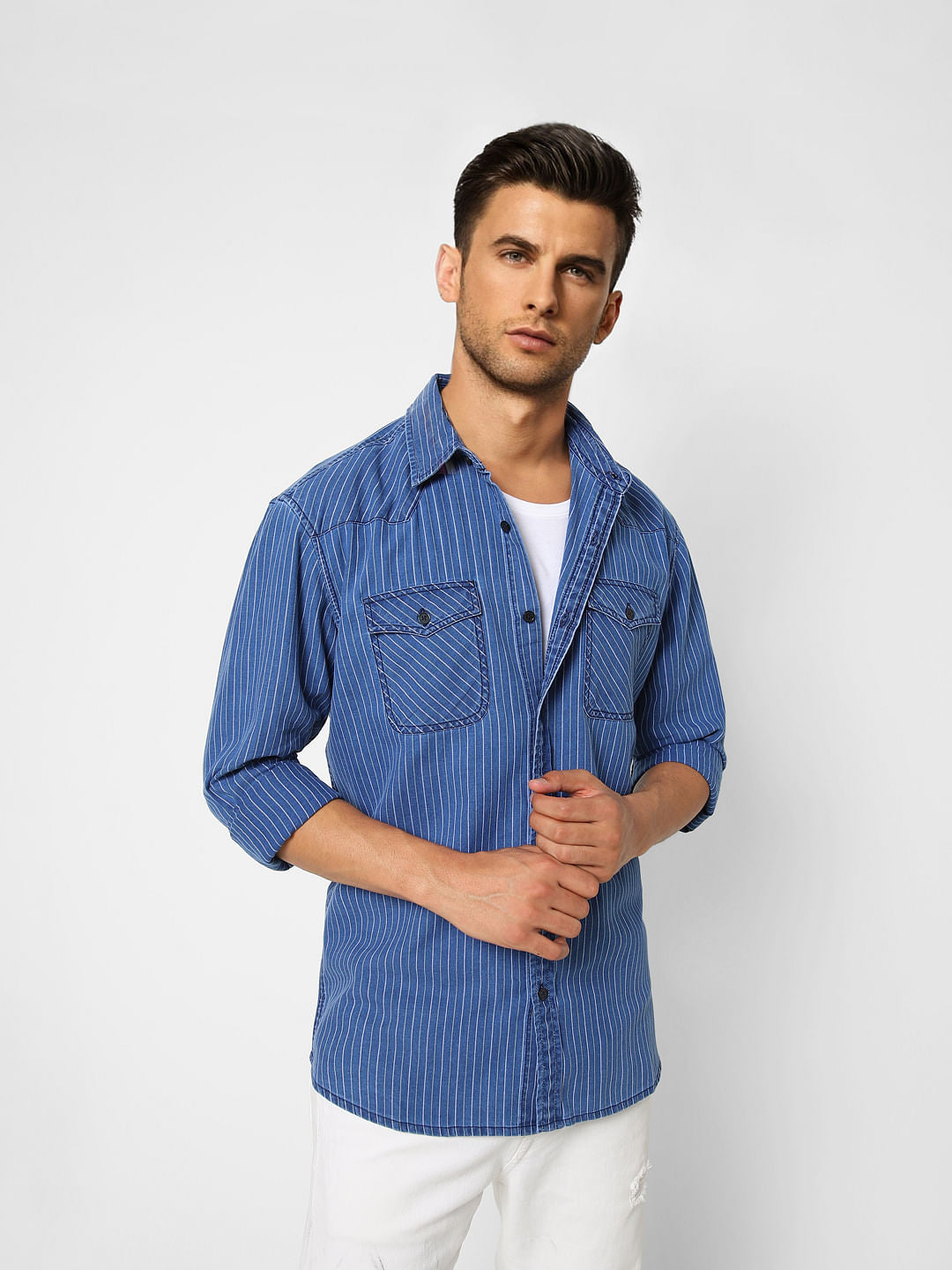Blue Striped Denim Full Sleeves Shirt - S