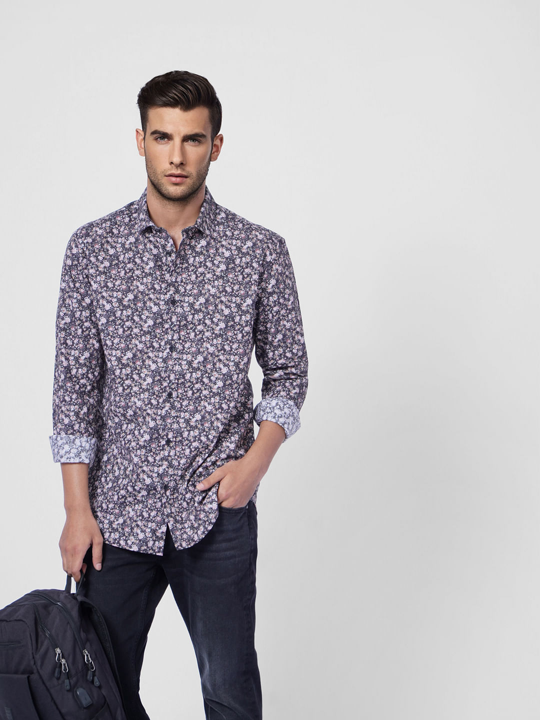 Grey Floral Full Sleeves Shirt - S