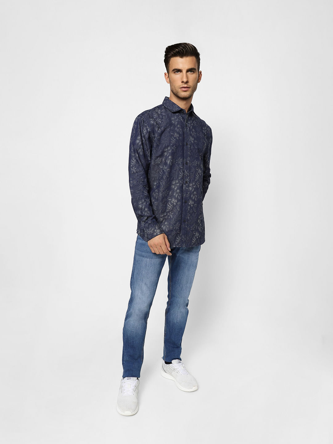 Blue Floral Denim Full Sleeves Shirt - S