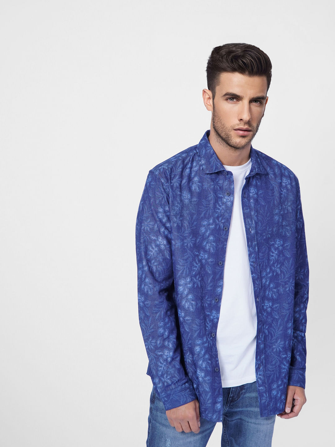 Blue Floral Print Full Sleeves Shirt - S