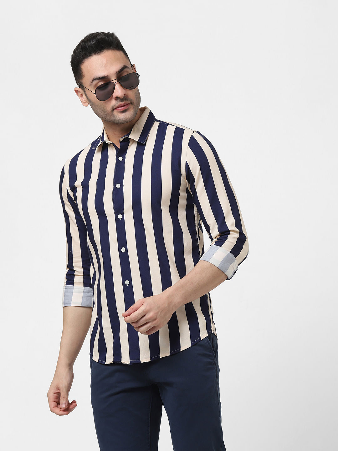 Cream Striped Full Sleeves Shirt - S