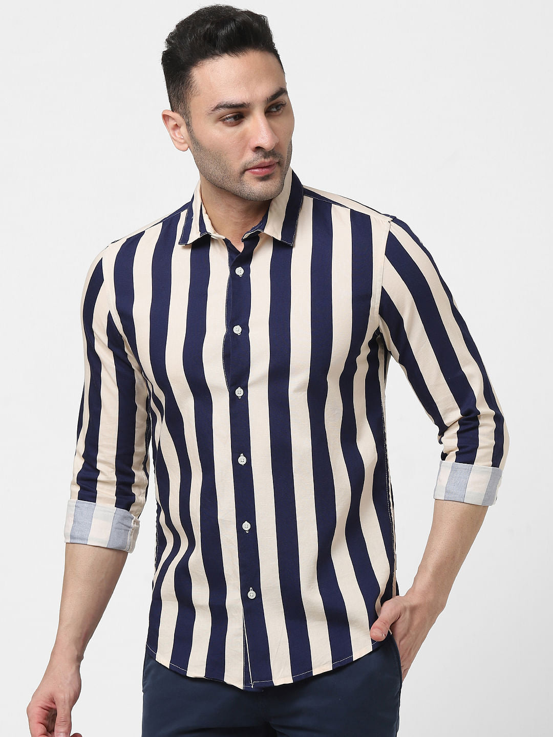 Cream Striped Full Sleeves Shirt