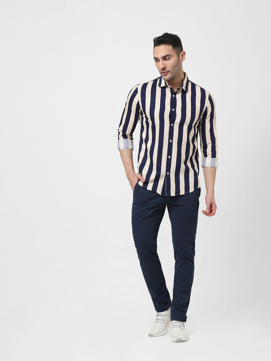 Cream Striped Full Sleeves Shirt