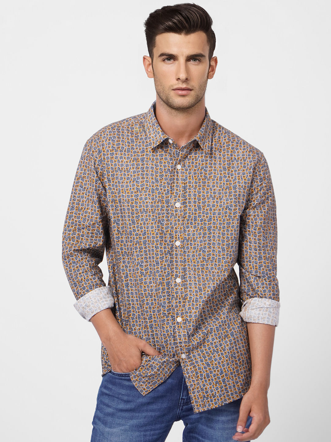 Yellow Abstract Print Full Sleeves Shirt