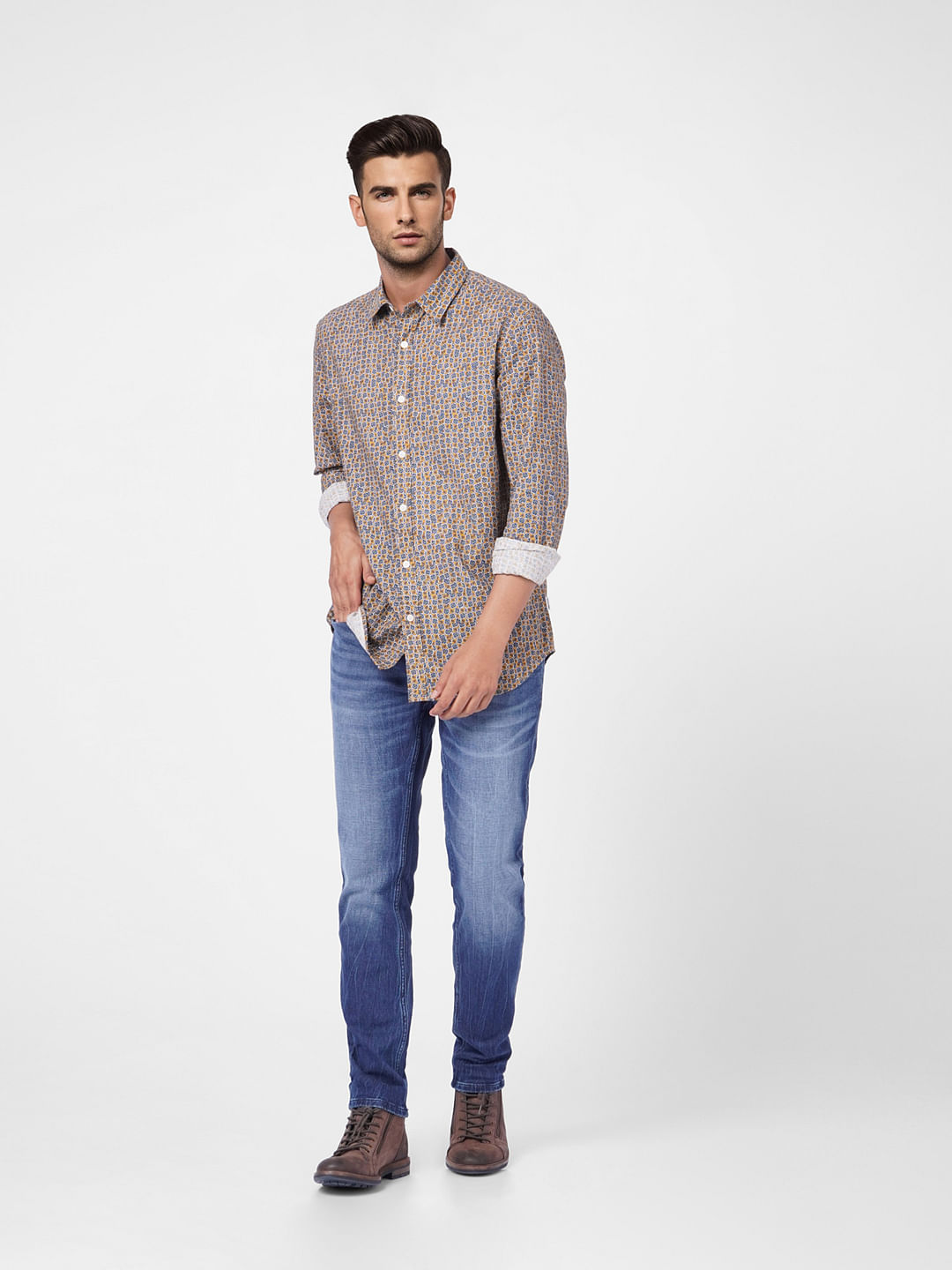 Yellow Abstract Print Full Sleeves Shirt