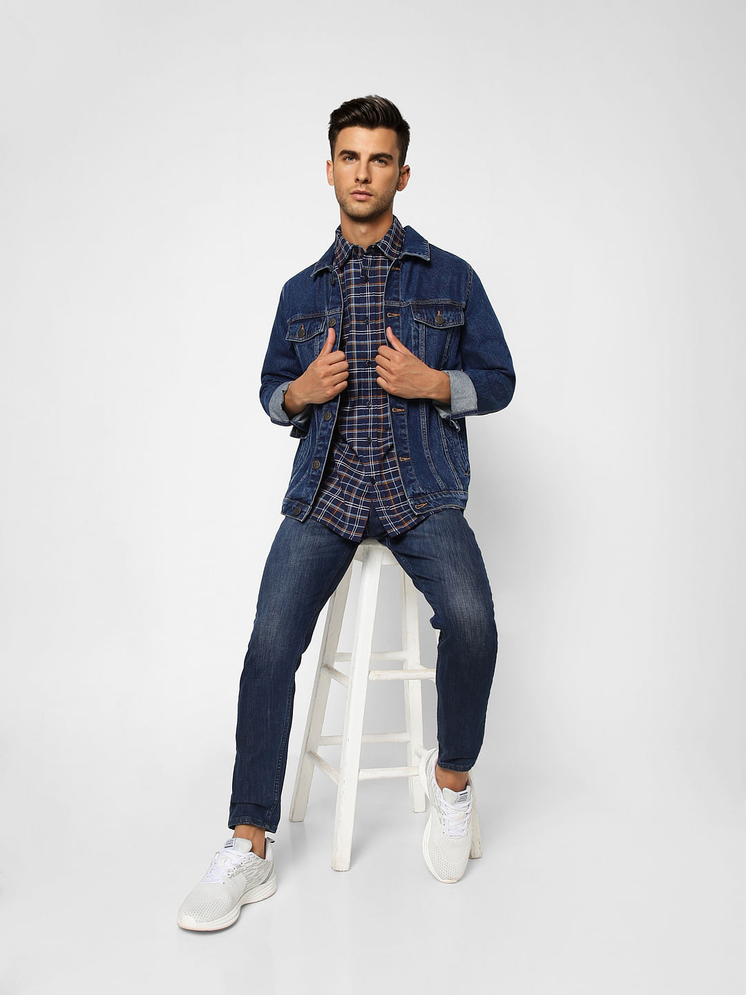Navy Blue Check Print Full Sleeves Shirt - S