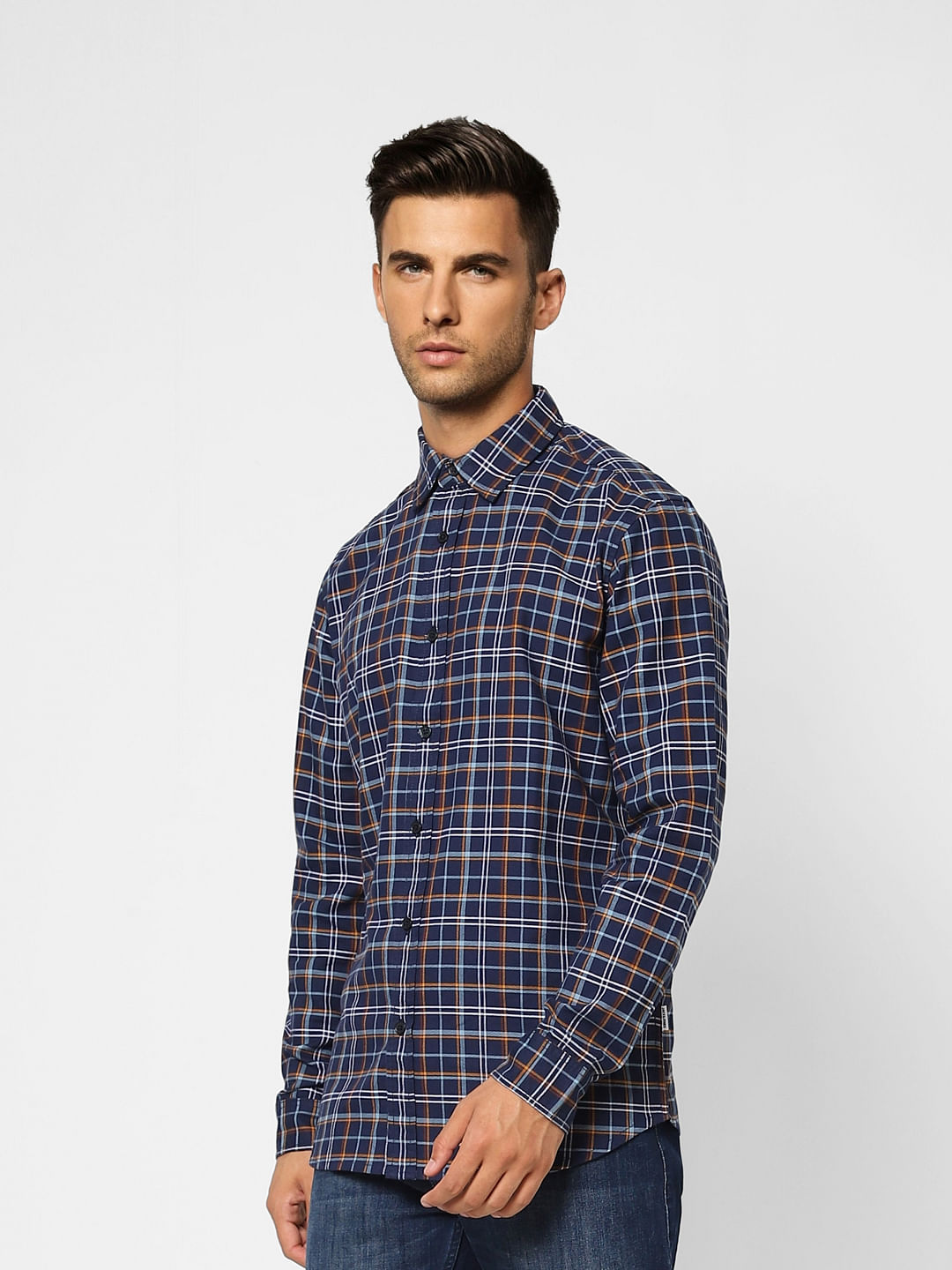 Navy Blue Check Print Full Sleeves Shirt