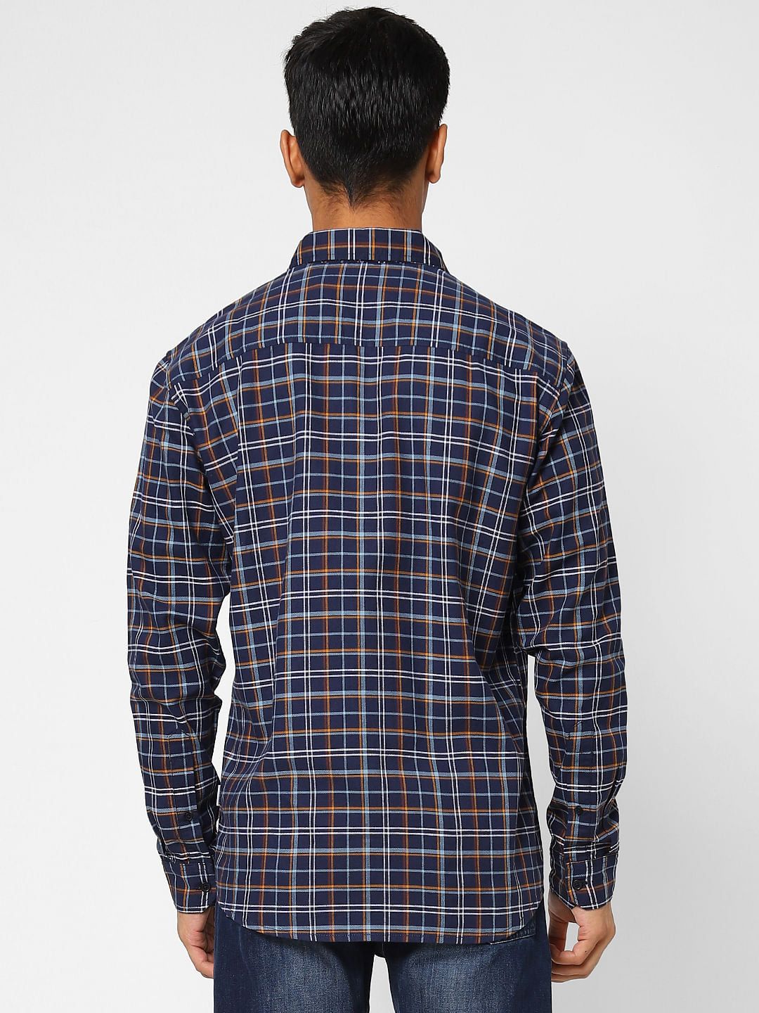 Navy Blue Check Print Full Sleeves Shirt