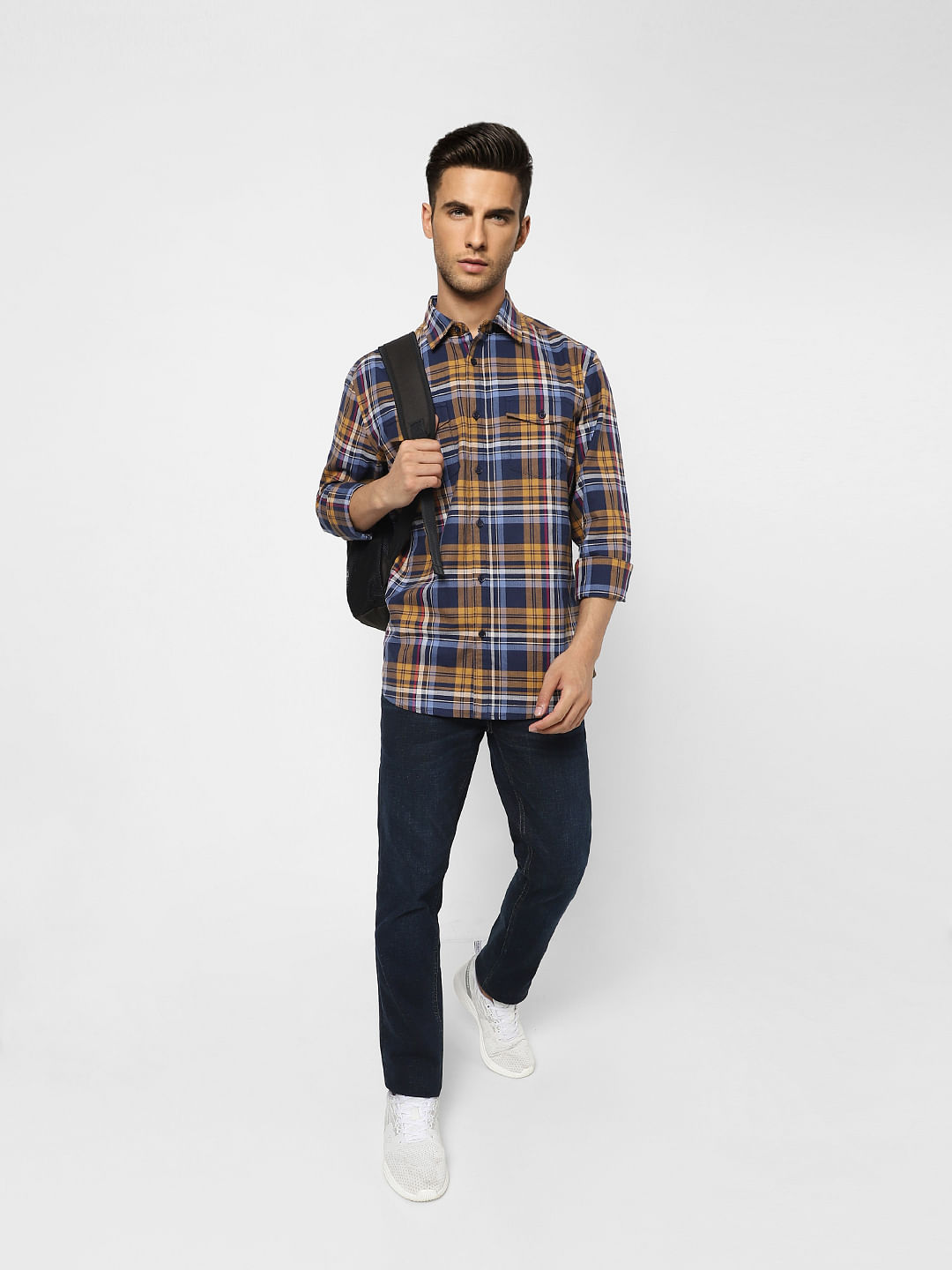Navy Blue Check Full Sleeves Shirt - S