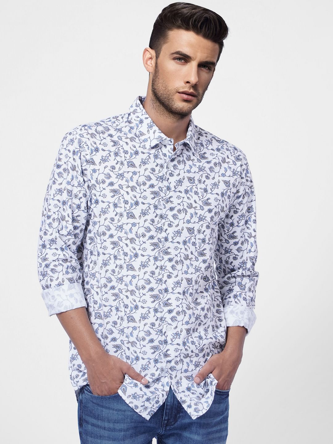 White Floral Full Sleeves Shirt