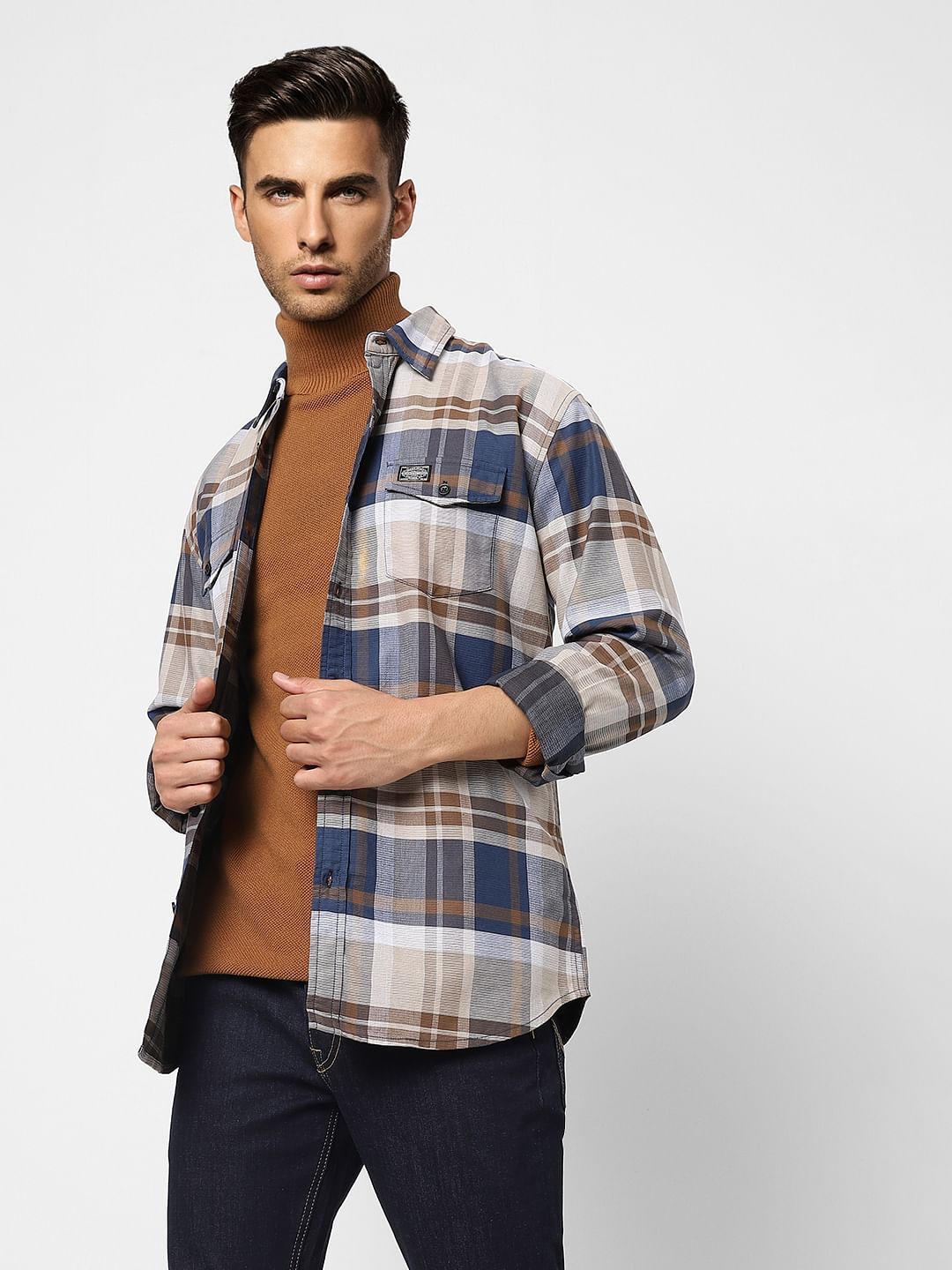 Beige Check Full Sleeves Shirt - S