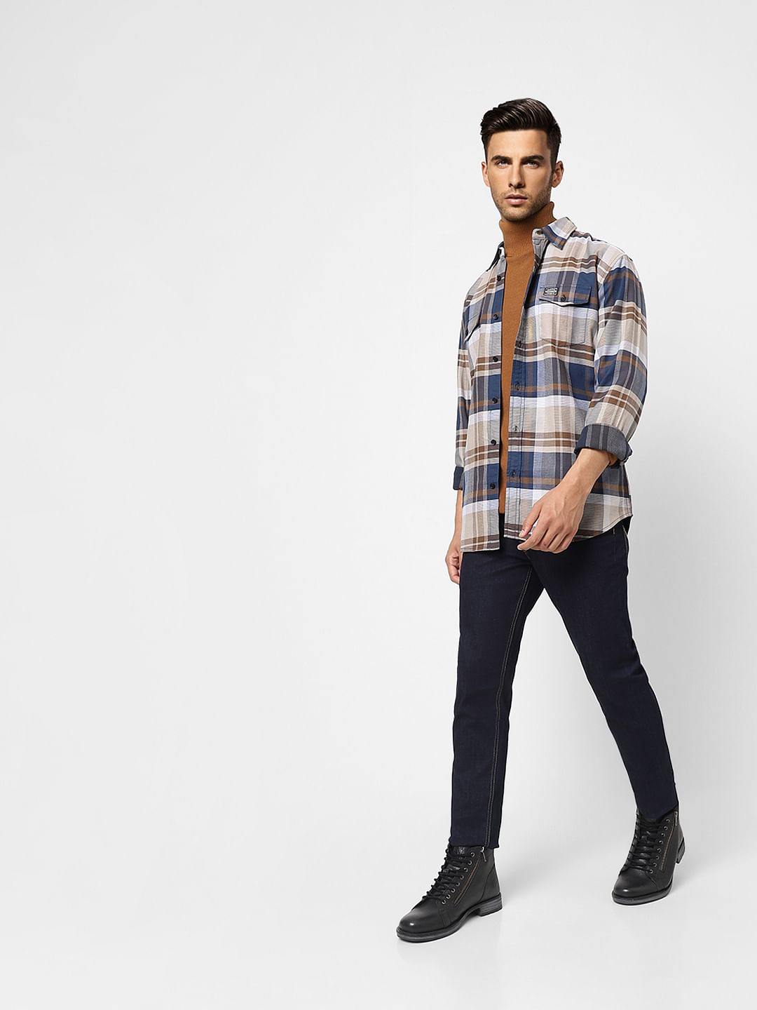 Beige Check Full Sleeves Shirt