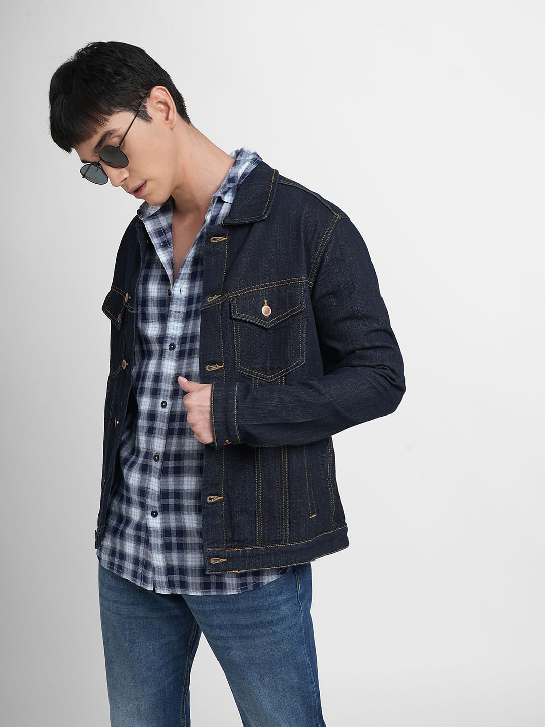 Dark Blue Check Full Sleeves Shirt - S