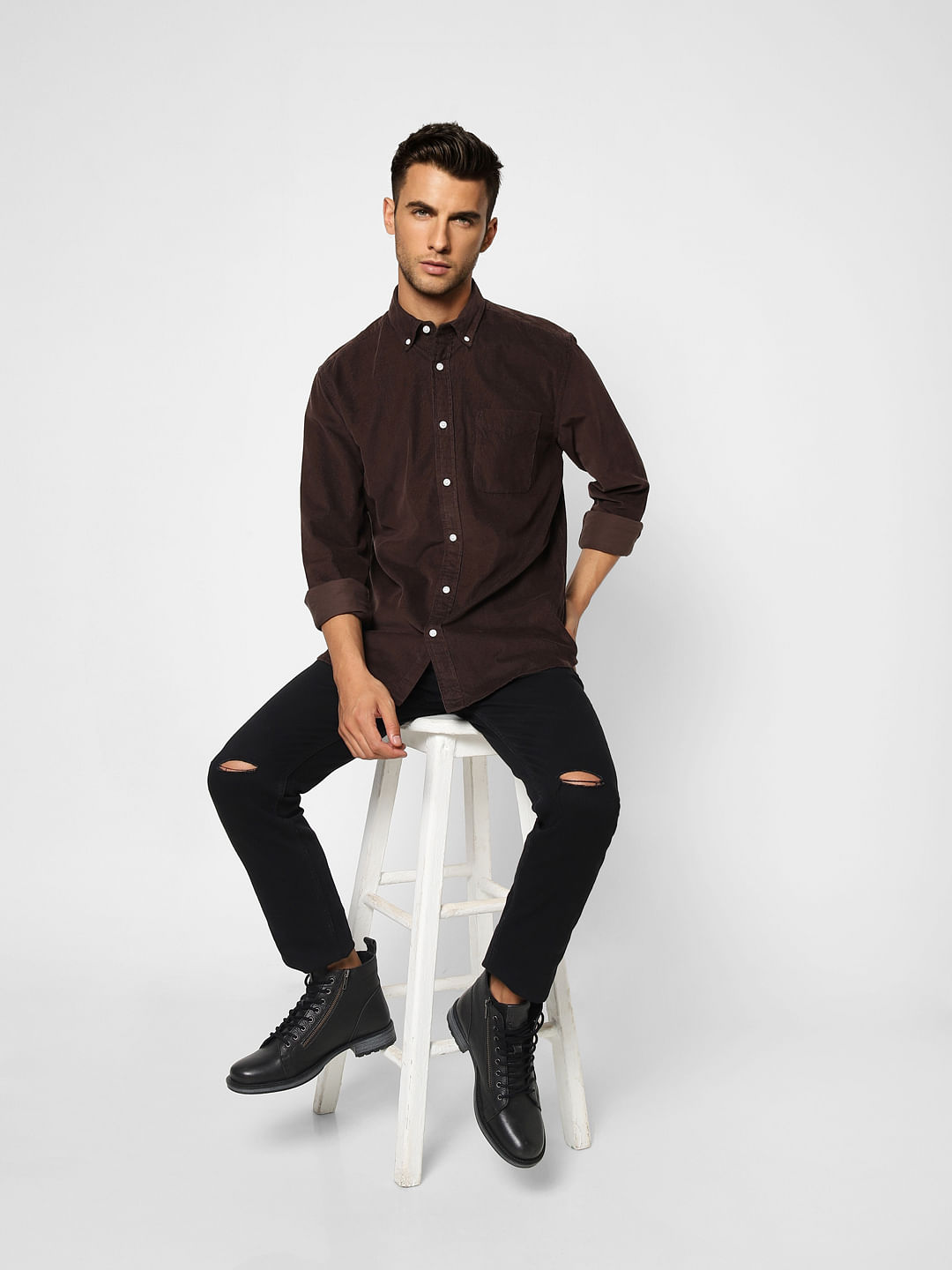Deep Brown Corduroy Full Sleeves Shirt - S