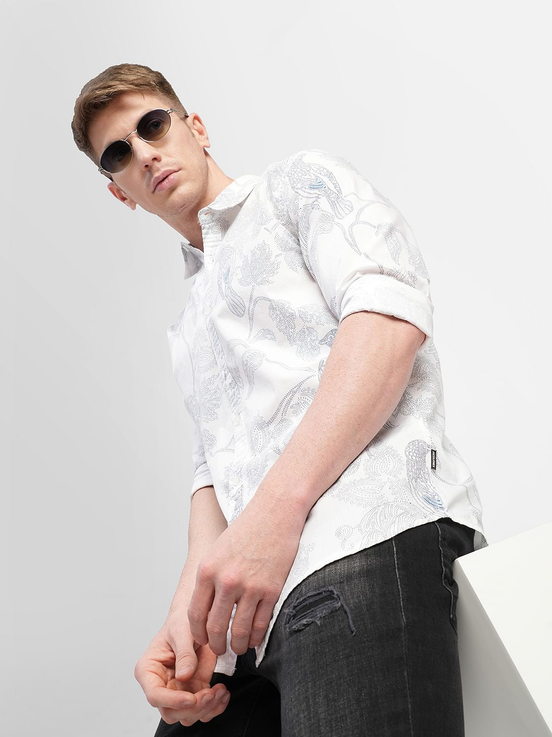 White Printed Full Sleeves Shirt - S
