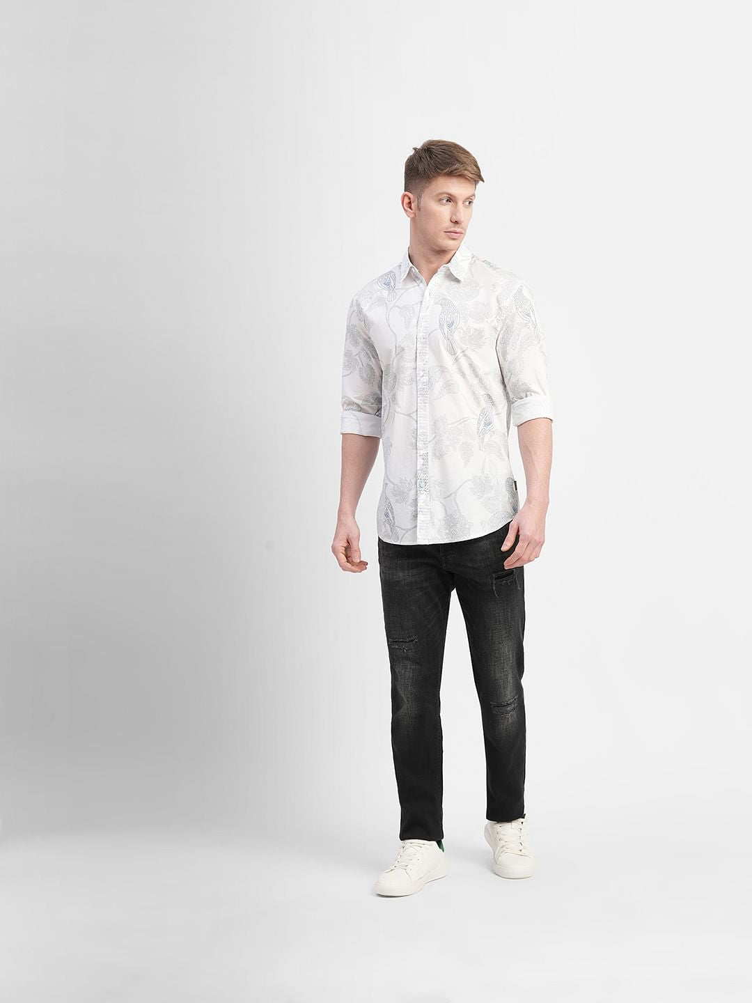 White Printed Full Sleeves Shirt