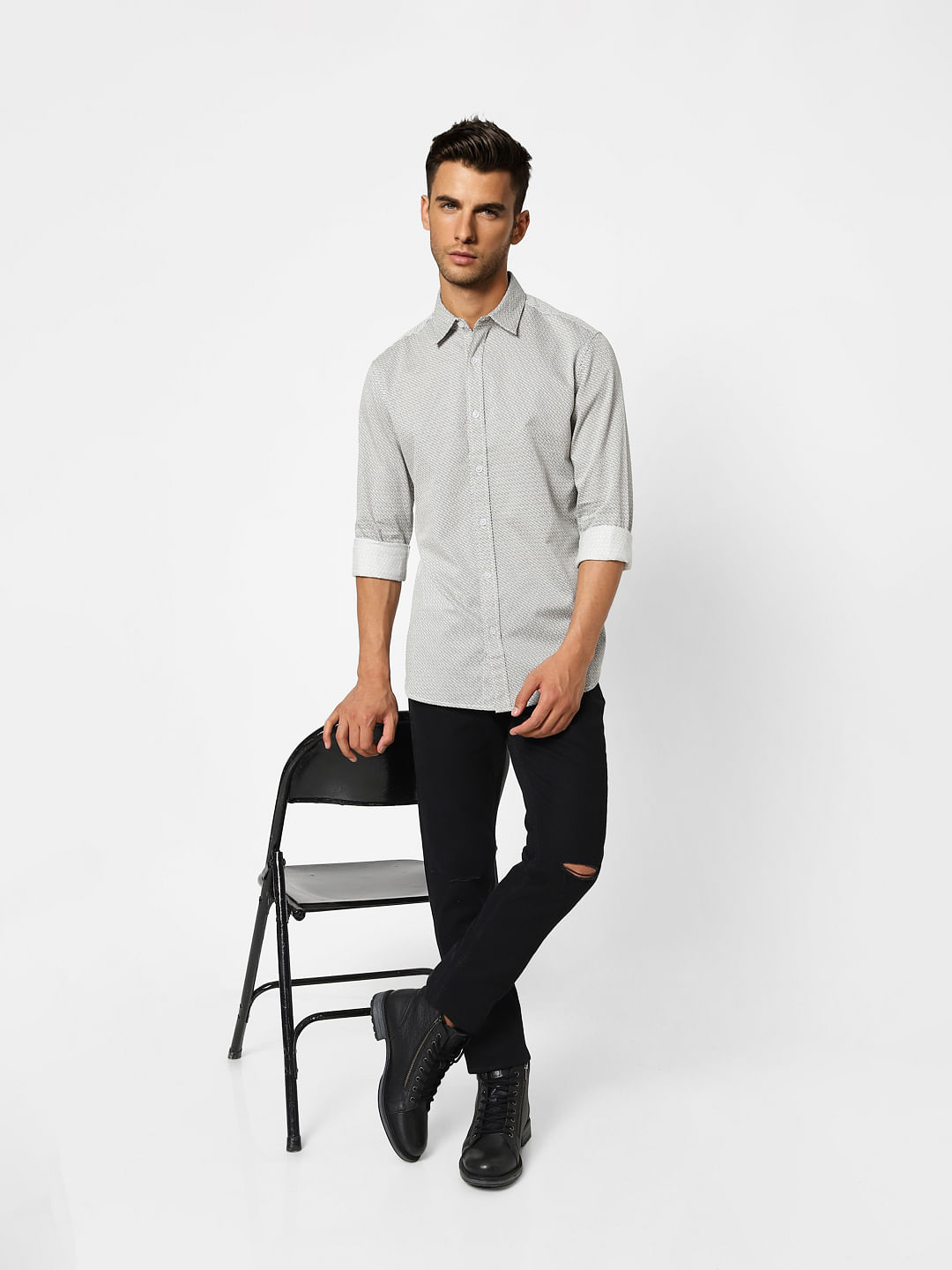 Grey Printed Full Sleeves Shirt - S