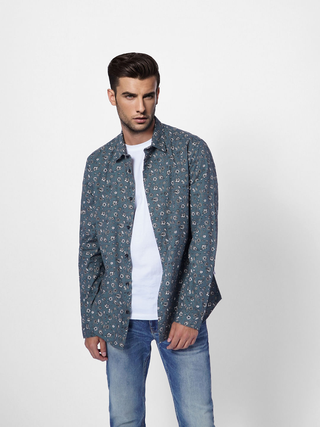 Blue Floral Print Full Sleeves Shirt - S