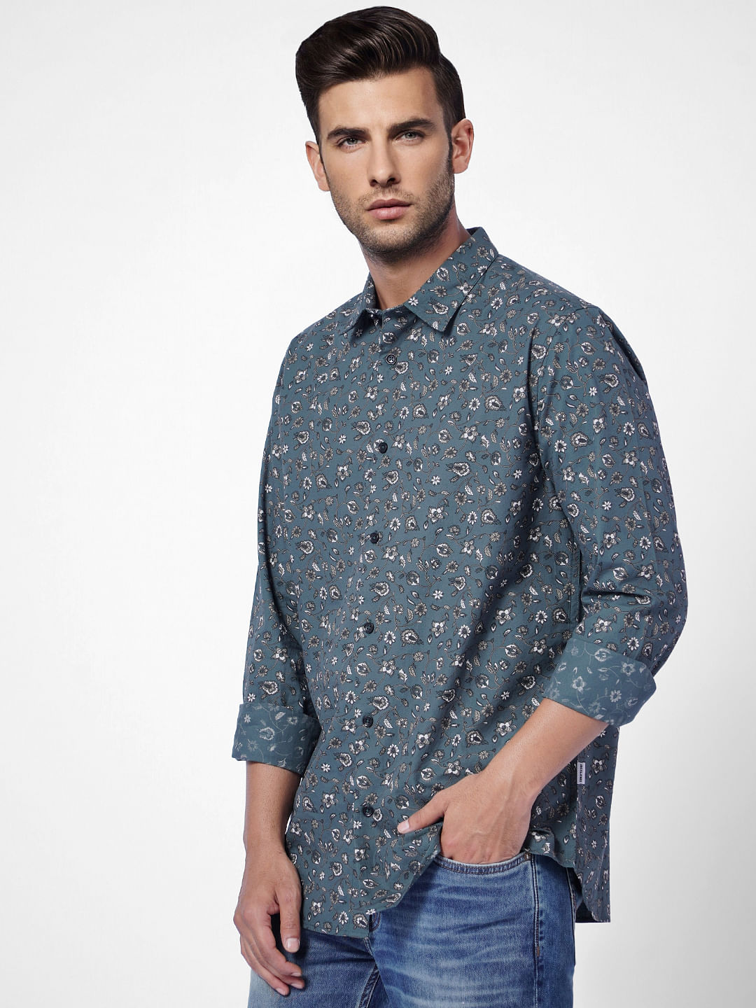 Blue Floral Print Full Sleeves Shirt