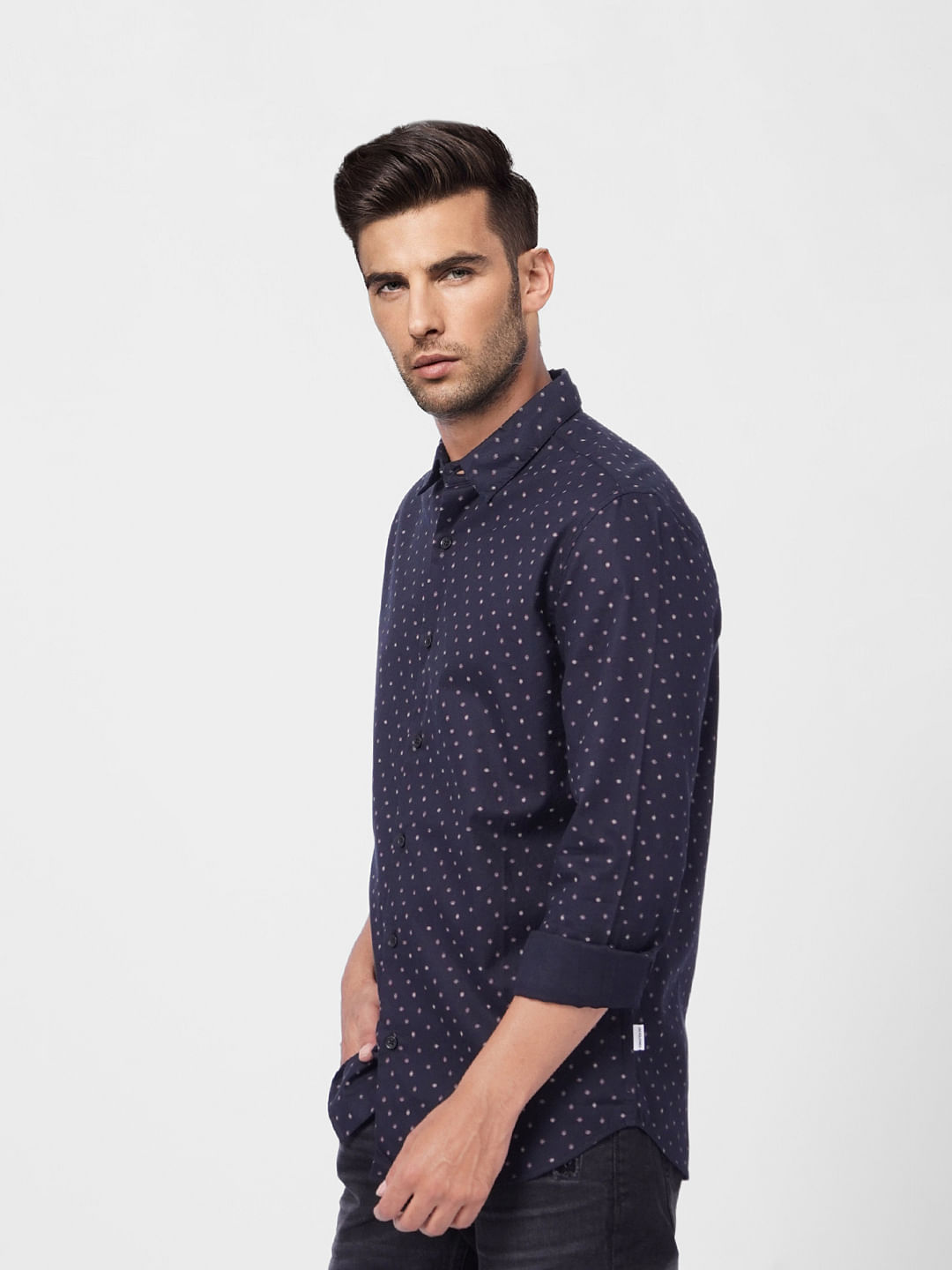 Navy Blue Printed Full Sleeves Shirt