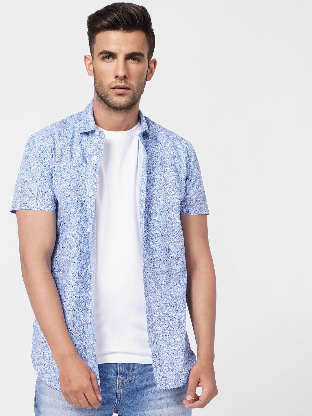 Blue Floral Print Short Sleeves Shirt