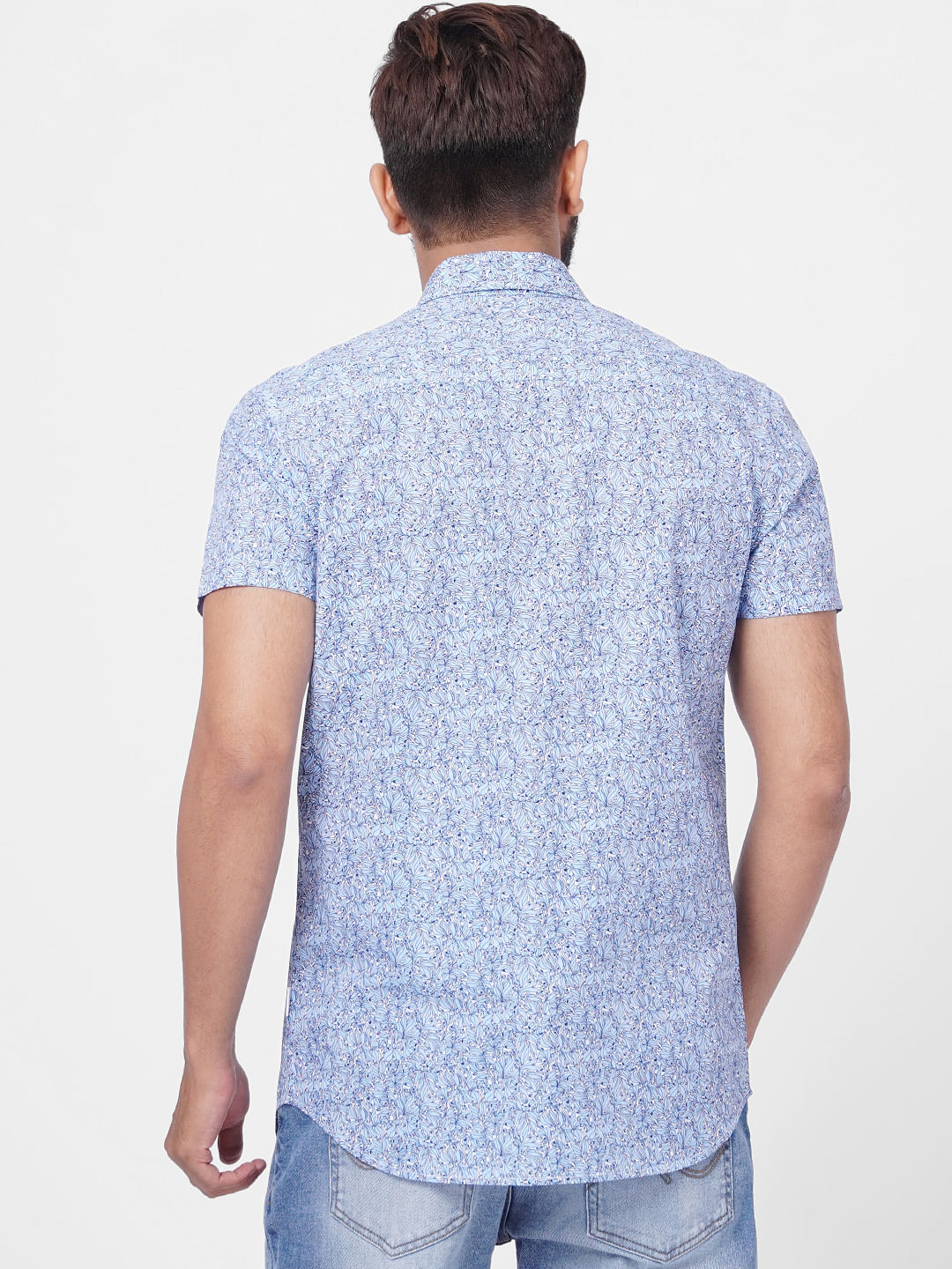 Blue Floral Print Short Sleeves Shirt