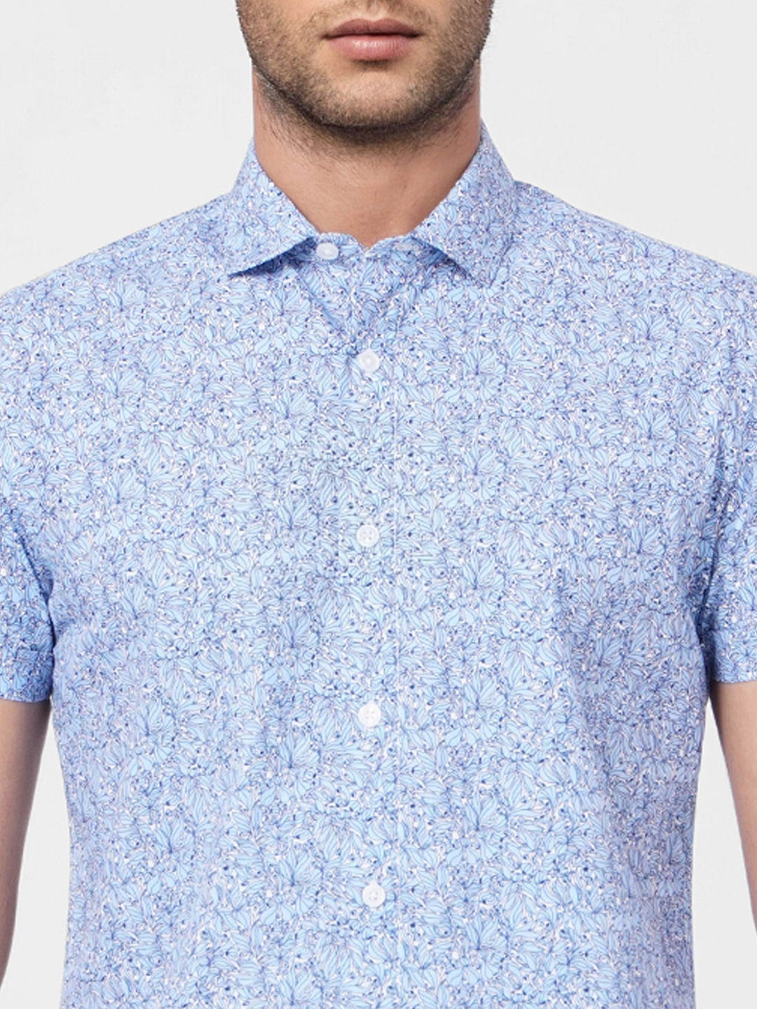 Blue Floral Print Short Sleeves Shirt