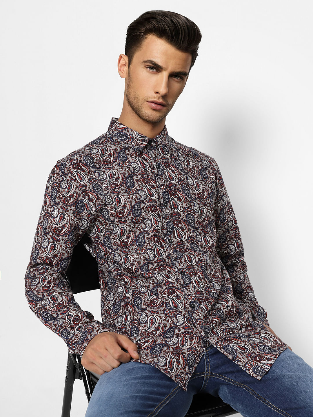 Brown Abstract Print Full Sleeves Shirt - S