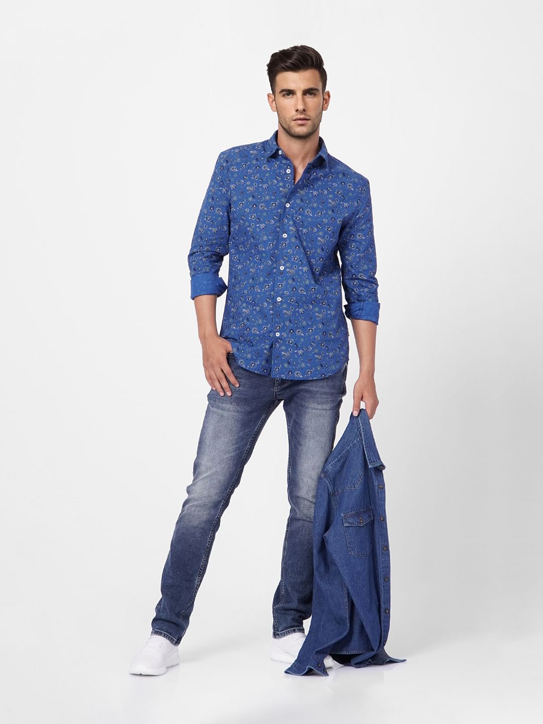 Blue Floral Print Full Sleeves Shirt - S