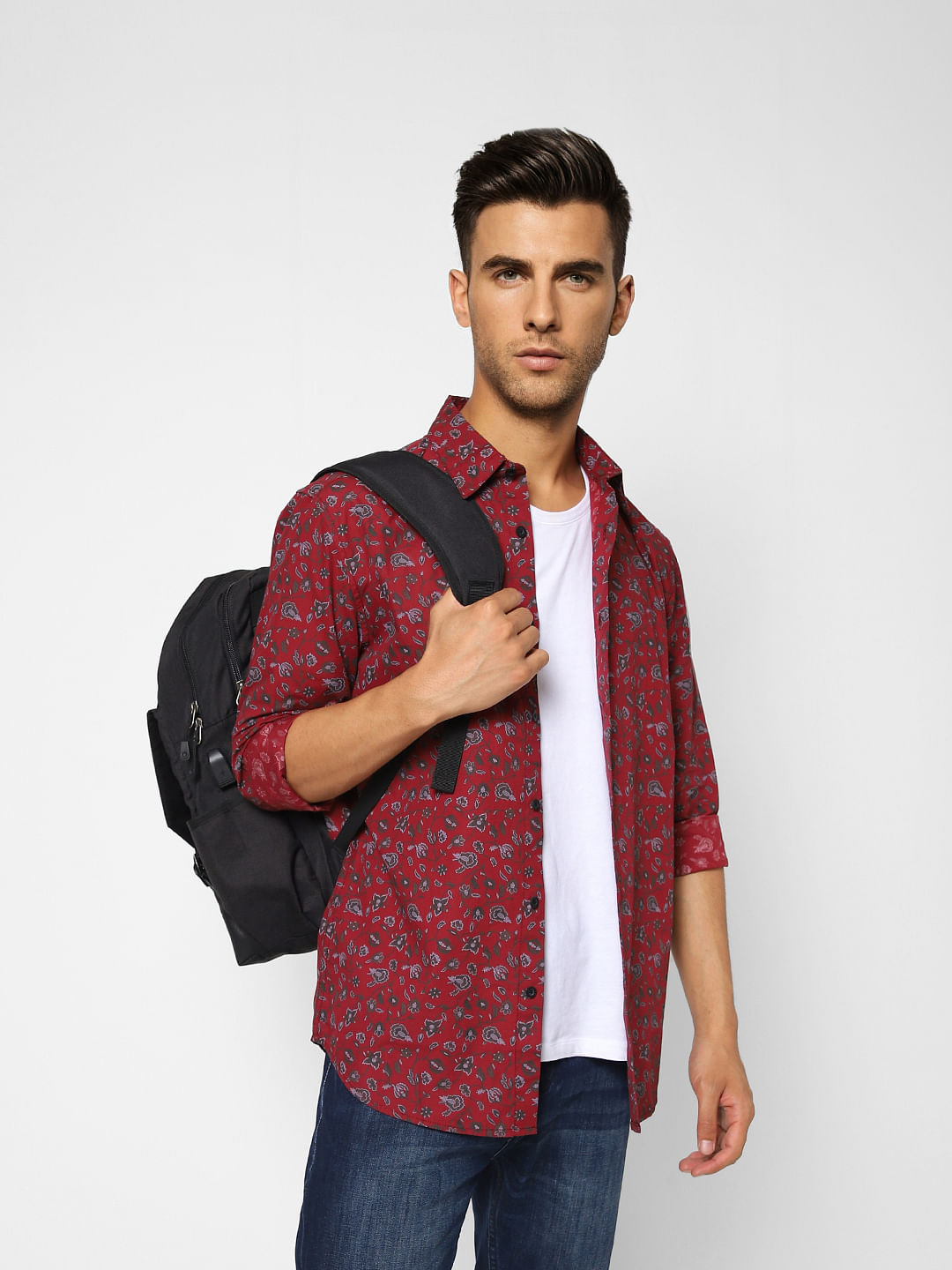 Red Floral Print Full Sleeves Shirt - S