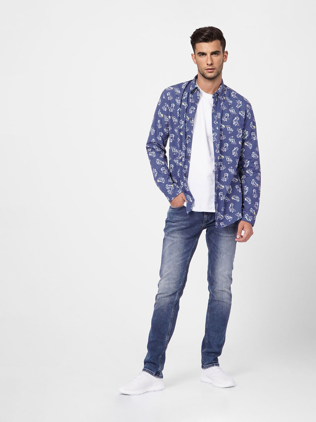 Blue Printed Full Sleeves Shirt - S